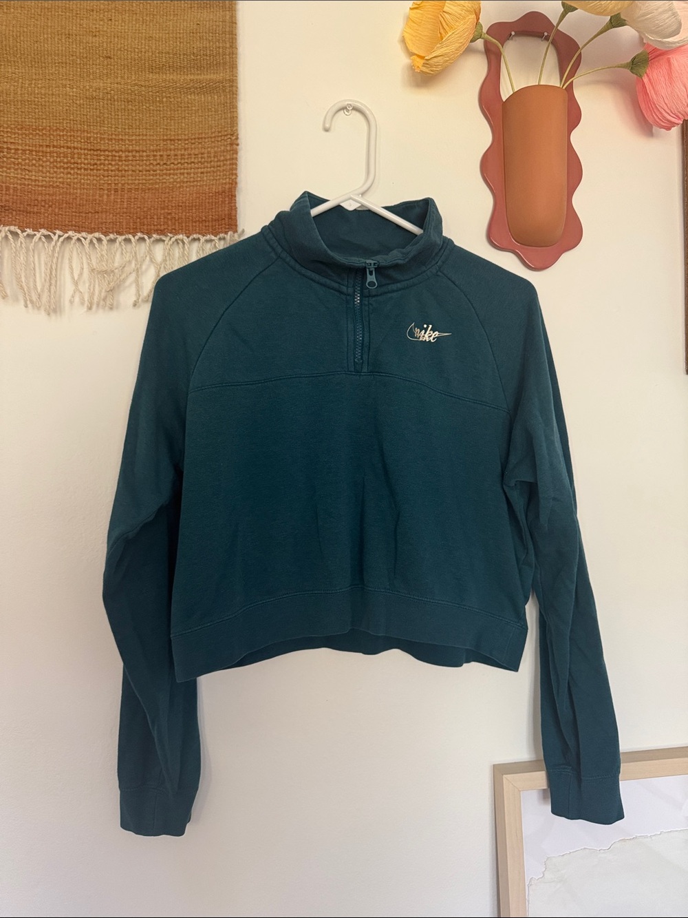 Nike Women's Teal Half-Zip Cropped Sweatshirt